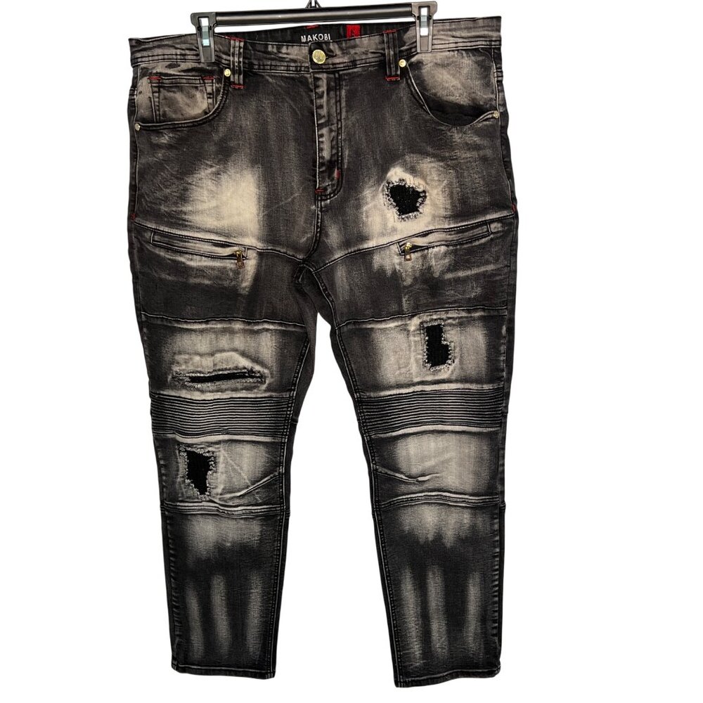 Makobi Mens Distressed Biker Jeans Black Sz 42x32 Moto Rip & Repair Streetwear